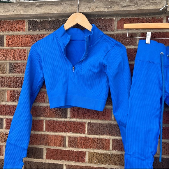 Royal Blue Ribbed High Rise Leggings Cropped Fitted Jacket Yoga Set - Picture 3 of 4